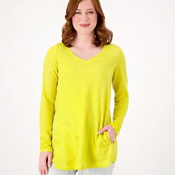 LOGO By Lori Goldstein QVC women's small long sleeve tunic v neck electric green - Picture 1 of 9